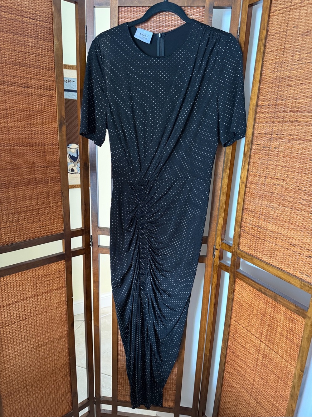 AKRIS PUNTO Black & White Dot Jersey draped Midi Dress size 10